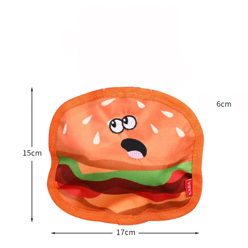 Crinkle and squeaky dog toys in hamburger, fries, hot dog and pizza designs without stuffing