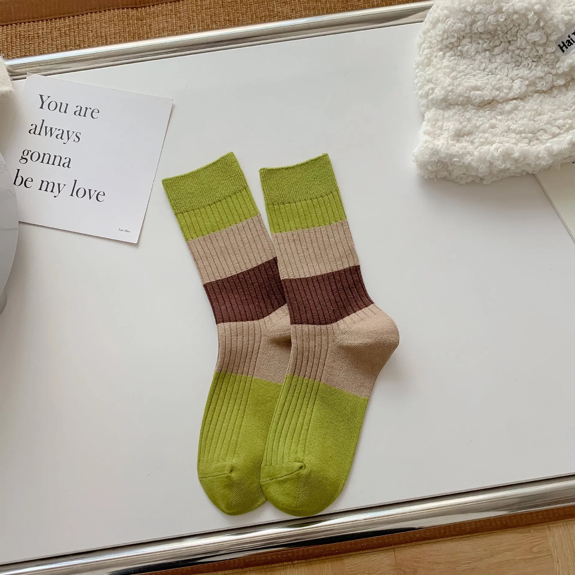 Retro women's double needle embroidery mid-calf socks in combed cotton, check pattern, one size