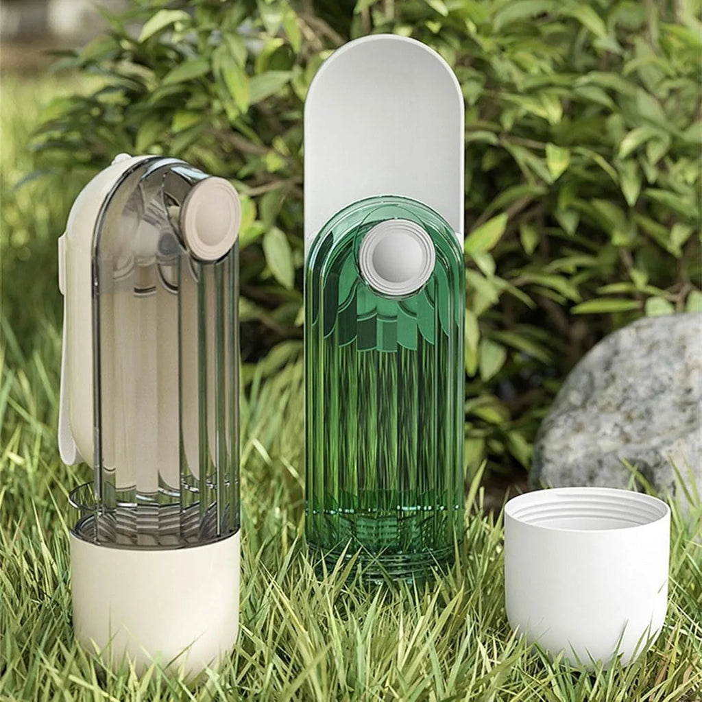 Beige foldable dog water bottle with food container for walking and outdoor travel