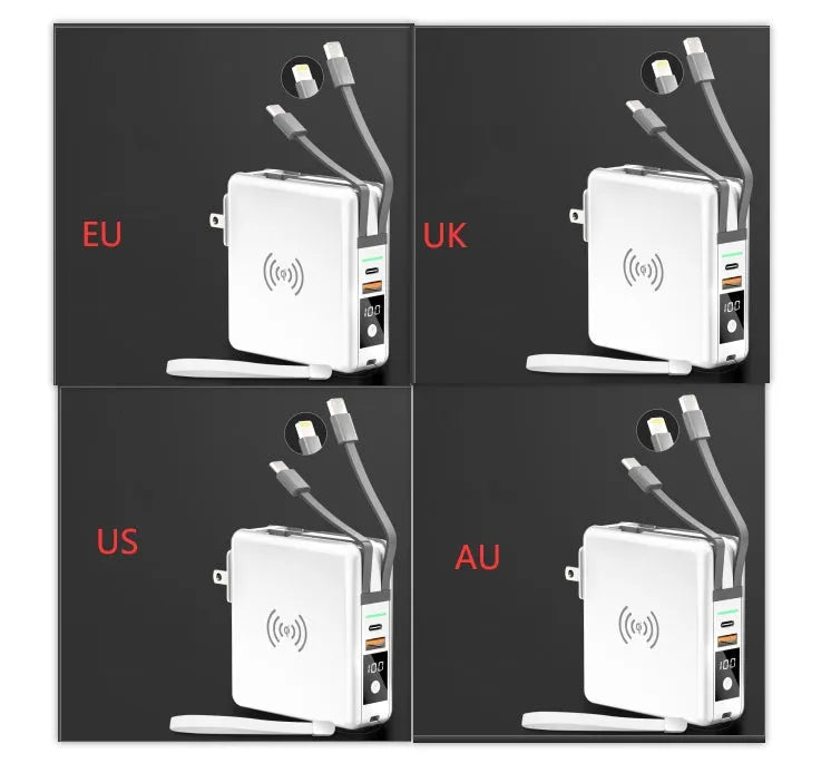 PD20W fast power bank with wireless charging and built-in plug in black or white colours