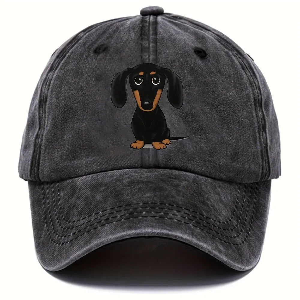 Retro washed baseball cap with embroidered dachshund design on cotton fabric