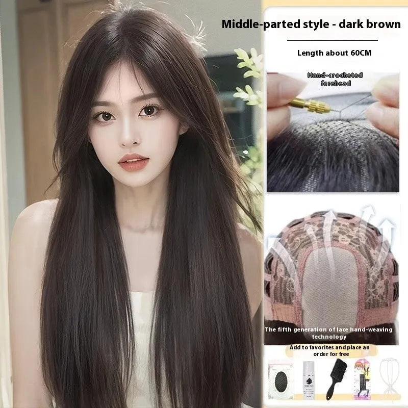 Forehead lace long straight full-head wig in dark brown colour with side bangs styling
