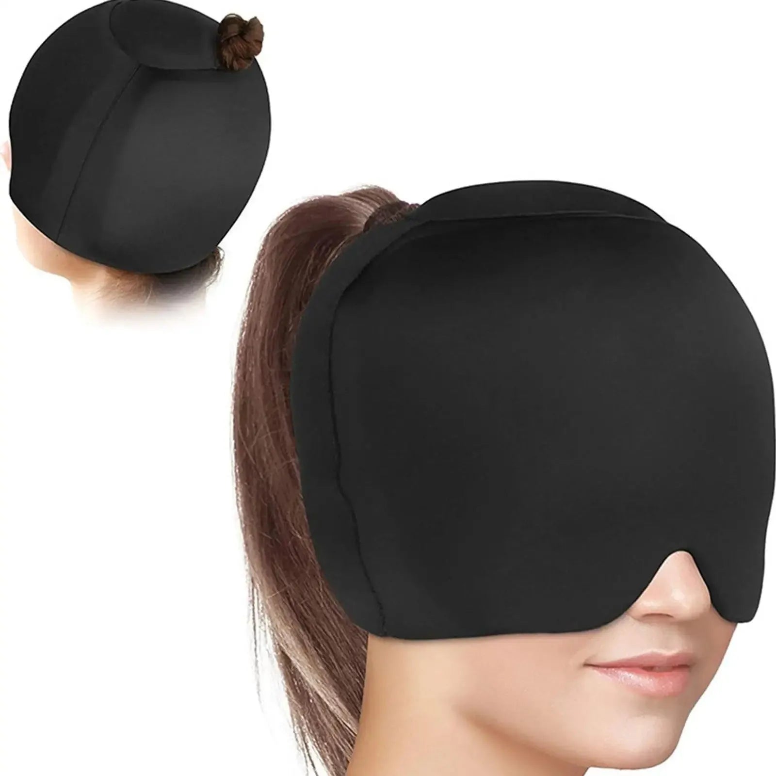 Simple solid colour cold compress cap in a fully enclosed polyester design, shown in black, pink, and dark blue.