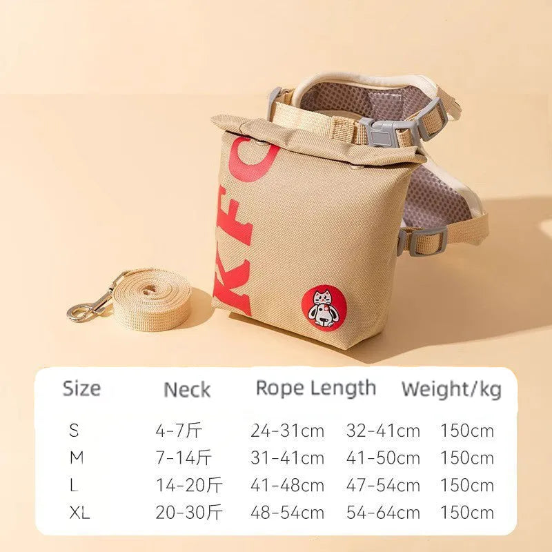 Burgundy red and blue cartoon hamburger chips design pet walking vest with leash and backpack