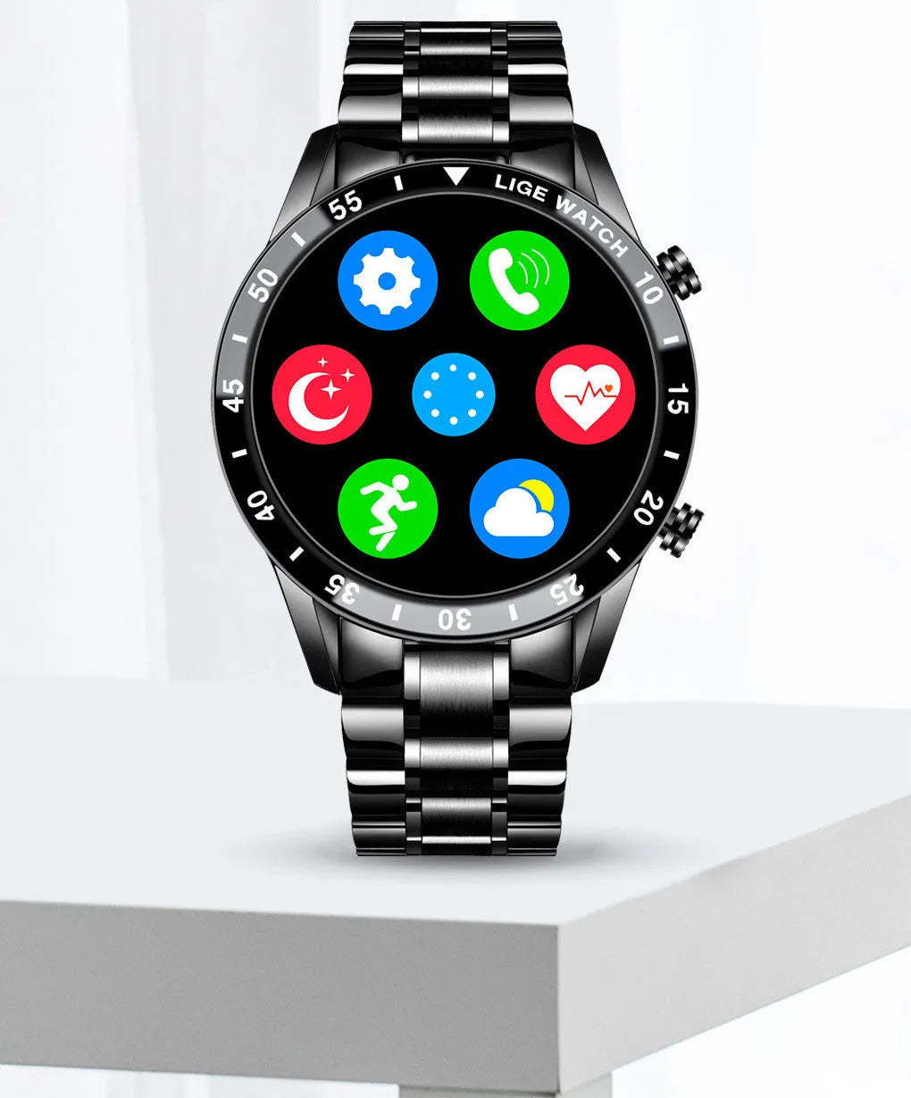 Stainless steel smart watch with black wristband and 1.3 inch touch screen display