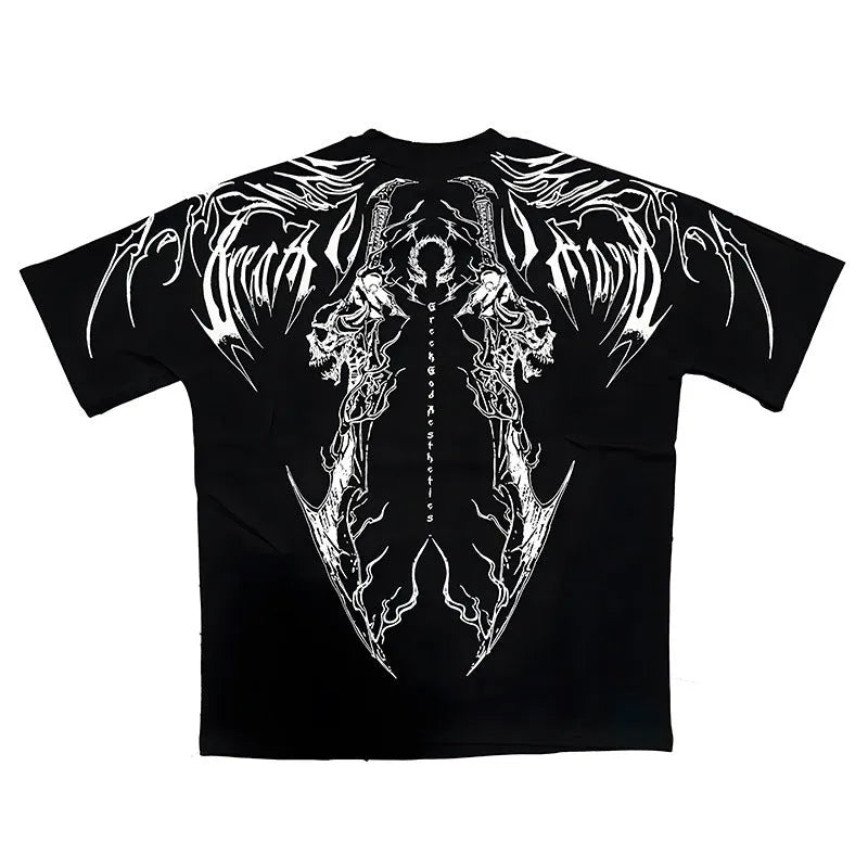 Dark style loose plus size cotton short-sleeved T-shirt with gilding decoration, shown in one of ten available colours.