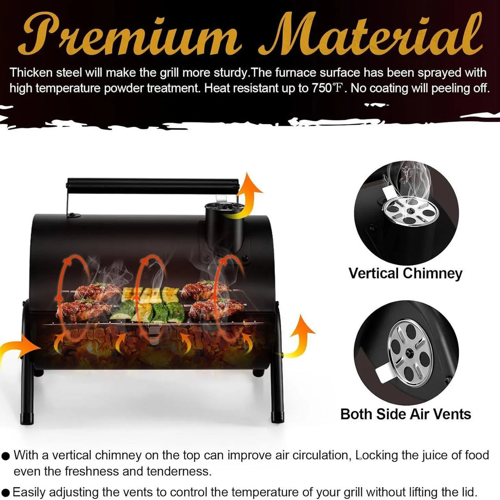 Small folding desktop charcoal barbecue grill with a compact, collapsible metal frame.