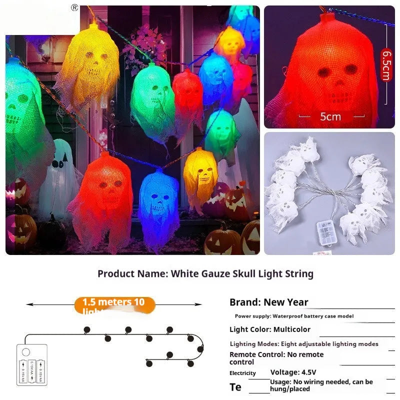 Battery-powered Halloween coloured LED string lights with plastic shell for indoor wall decoration.
