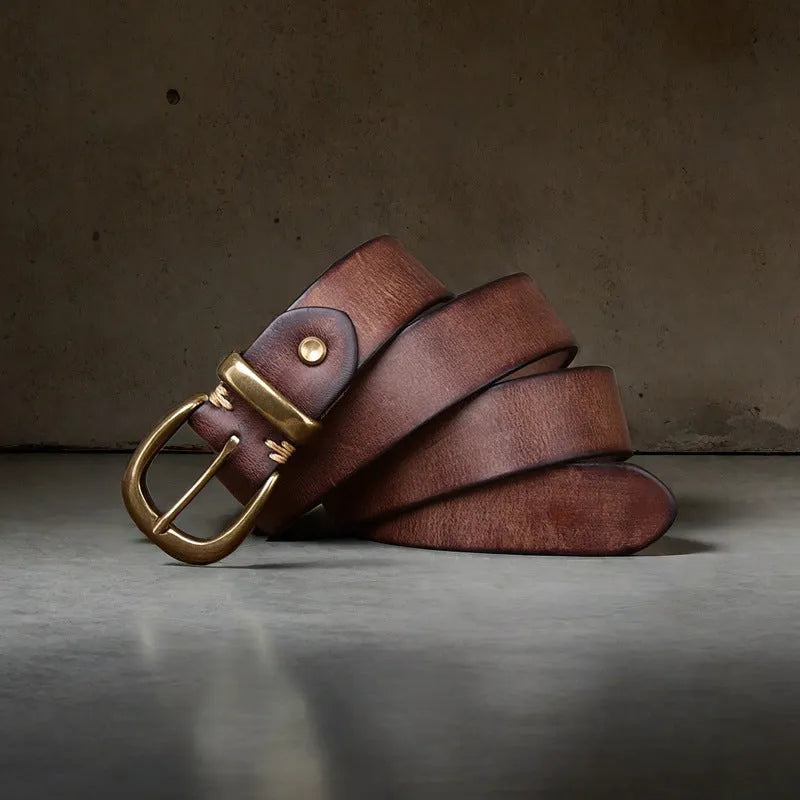 Men's casual cowhide leather belt with a copper buckle in black, brown or khaki.