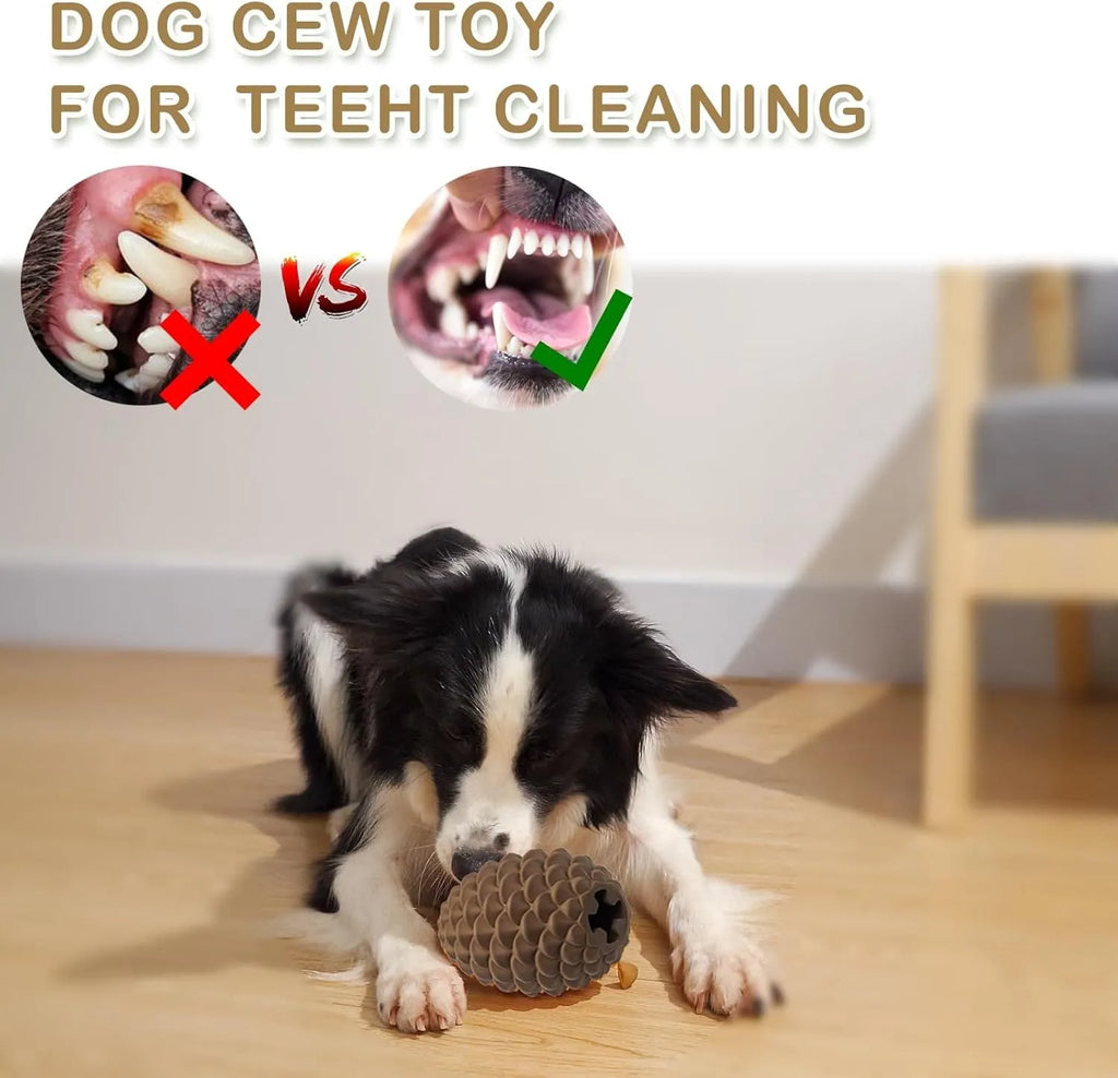 Yellow natural rubber pine cone shaped dog toy with treat dispenser hole