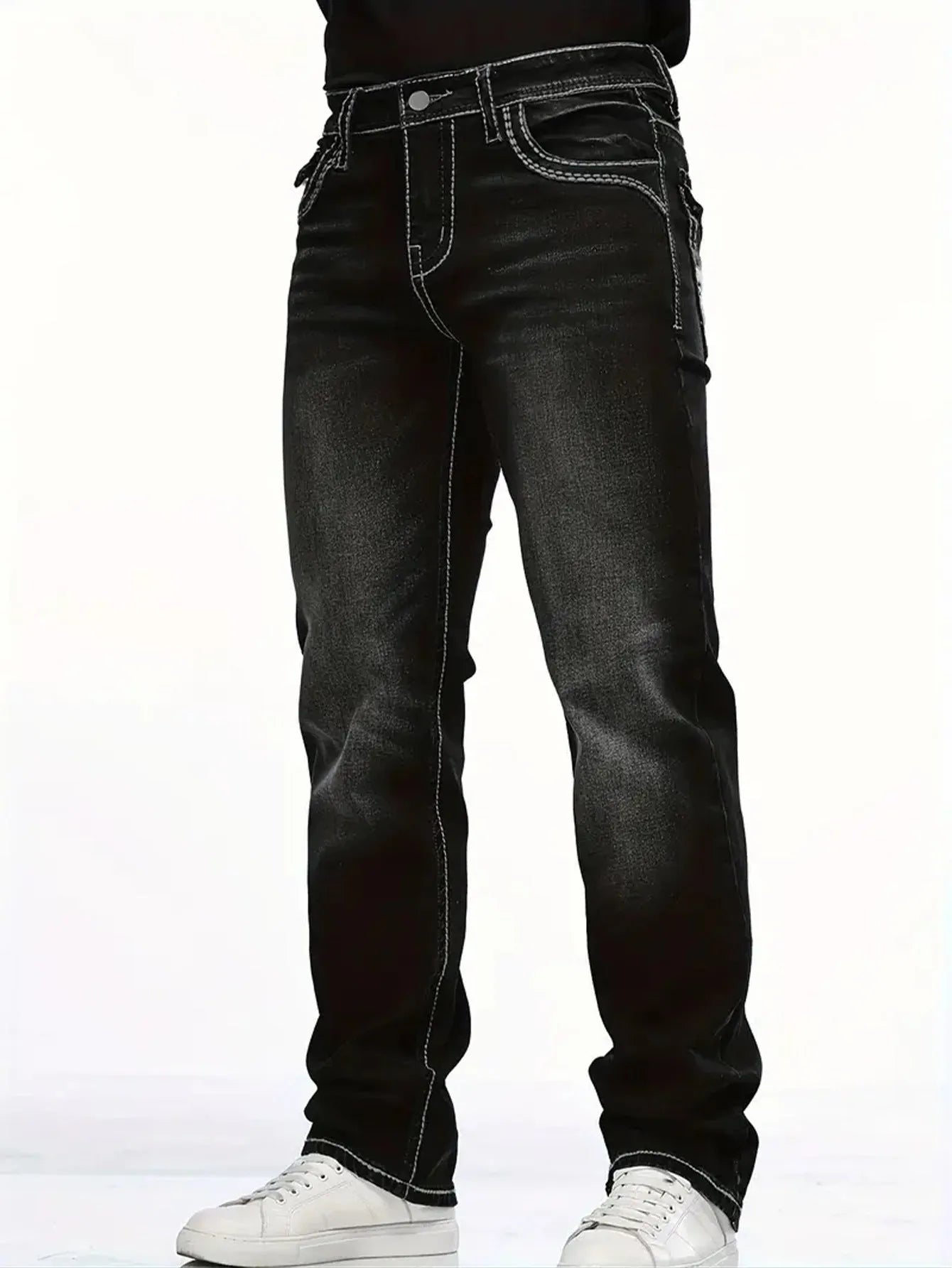Black stretch slim fit straight leg men's trousers on hanger