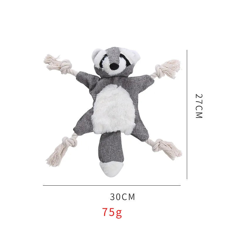 Brown plush fox dog toy with embroidered eyes, cotton rope arms and legs, and a squeaker.