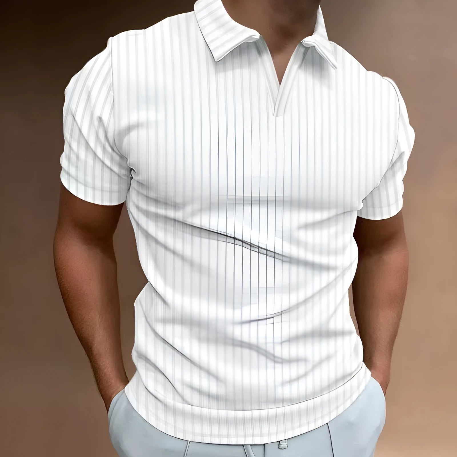 Men's striped V-neck polo shirt in high elastic cotton blend fabric for summer sports wear