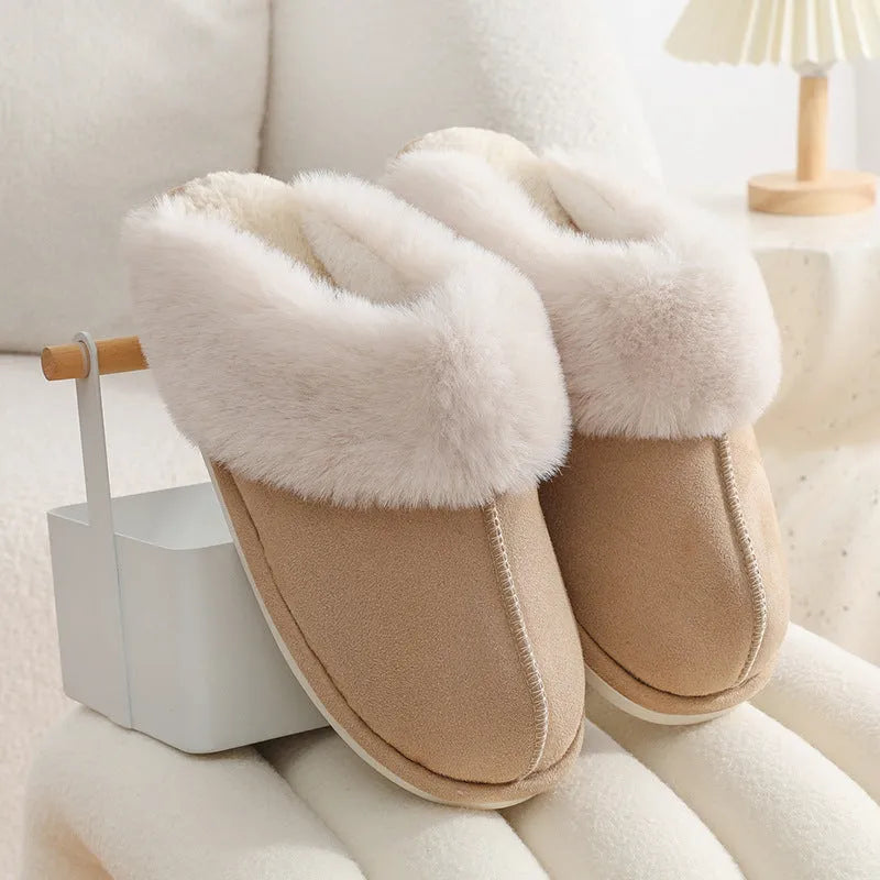Women's brown plush indoor slippers with artificial wool lining and a textured PVC sole.