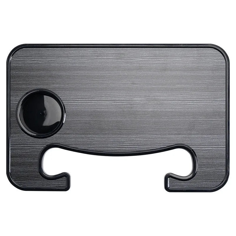 Foldable black ABS plastic car steering wheel tray with a large flat surface, shown unfolded on a steering wheel.