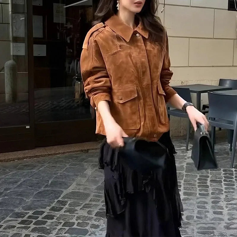 Brown suede-look women's coat with regular sleeves and street chic styling