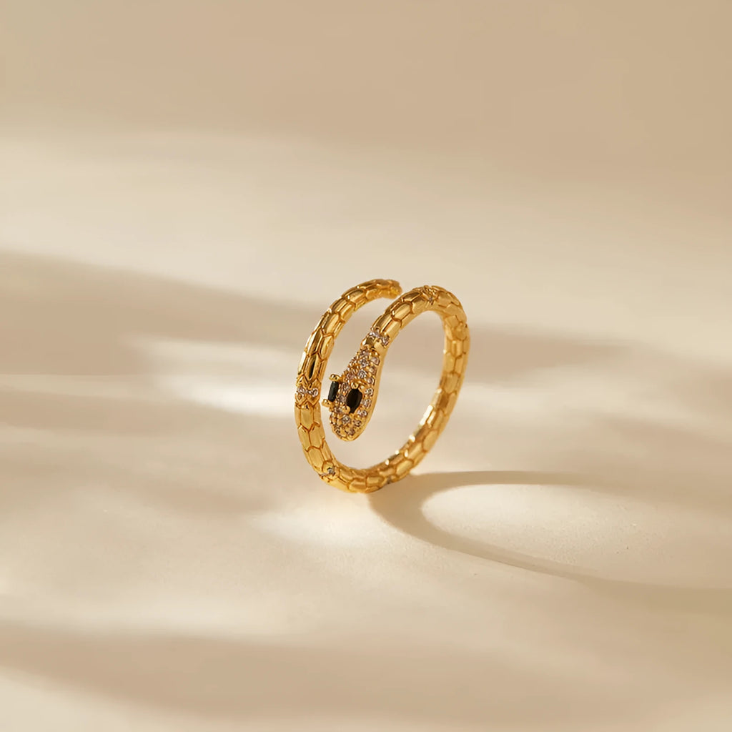 Adjustable snake-shaped copper index finger ring with 18K gold colour and diamond treatment