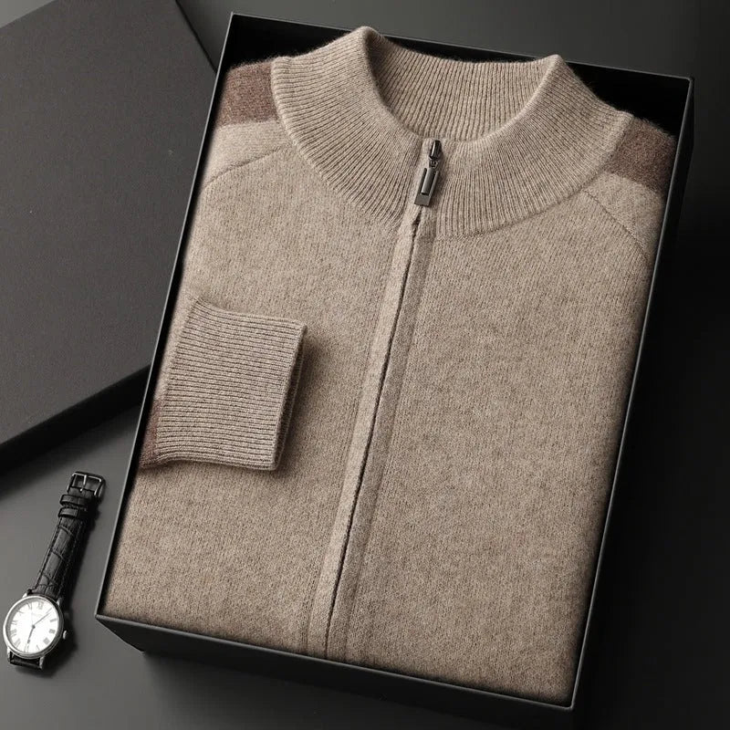 Men's cashmere wool blend knitted suit set with half turtleneck zipper cardigan and matching trousers for winter wear