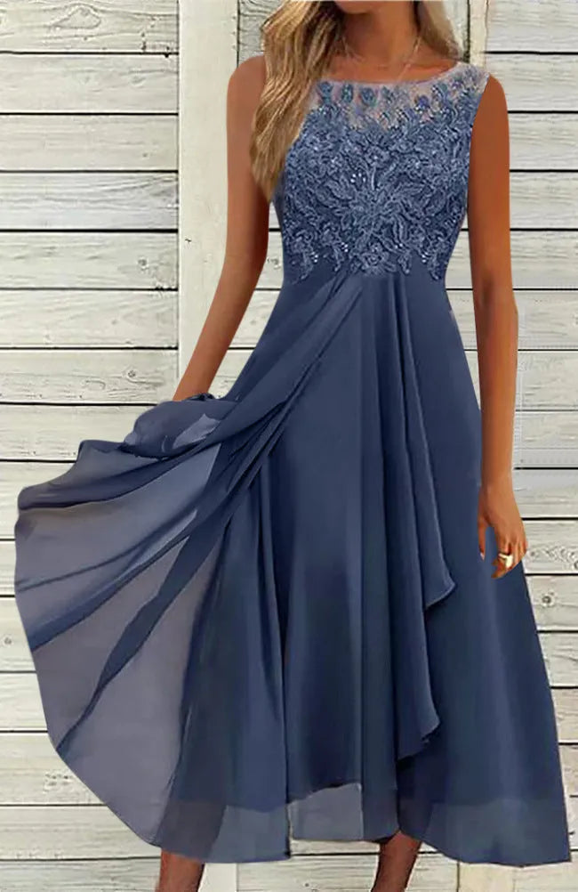 Women's sleeveless chiffon dress with lace hollow-out stitching in green, shown in midi length princess style