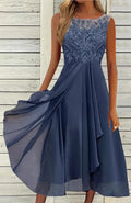 Women's sleeveless chiffon dress with lace hollow-out stitching in green, shown in midi length princess style