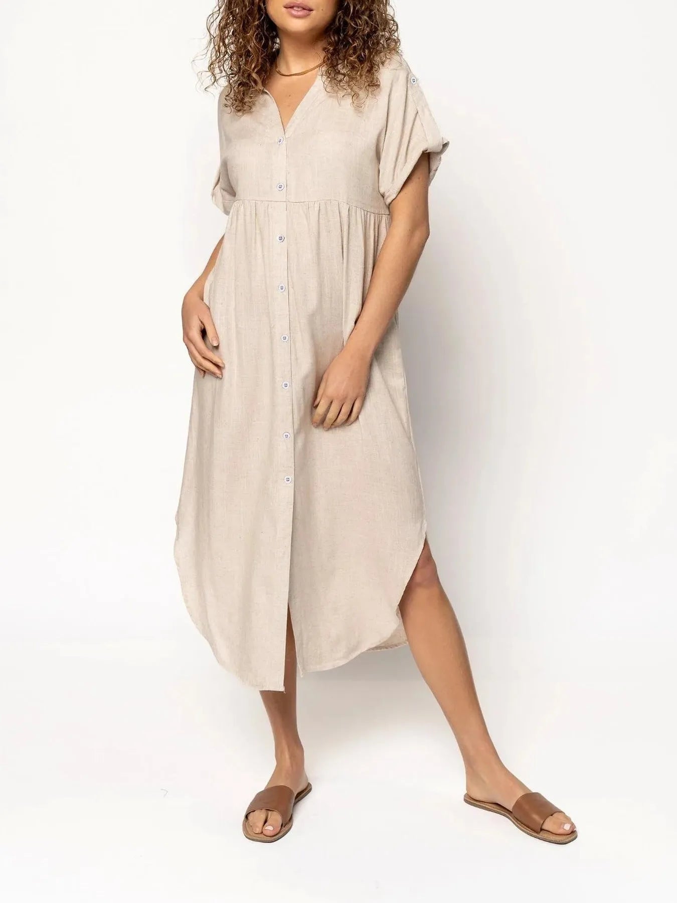 Loose casual button-front mid-length dress in solid colour