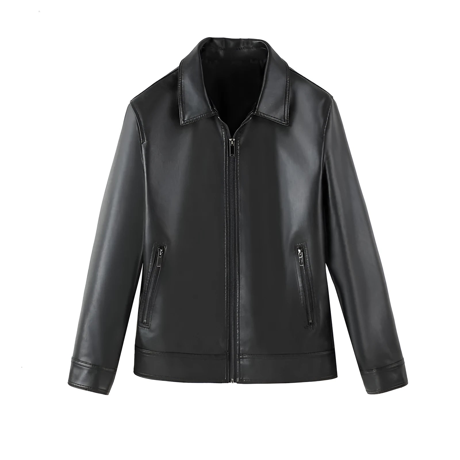 Black men's loose-fit PU leather jacket with zipper and polyester lining.