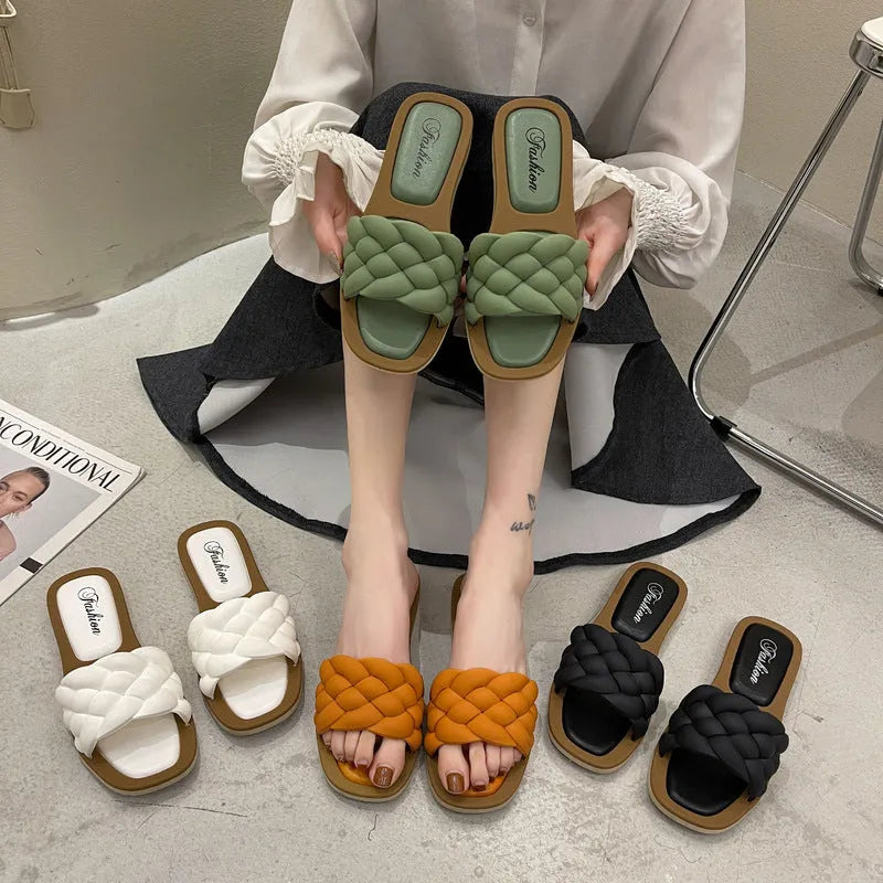 Women's plaid pattern beach sandals with thick anti-skid PVC soles in black, green, orange and white colours