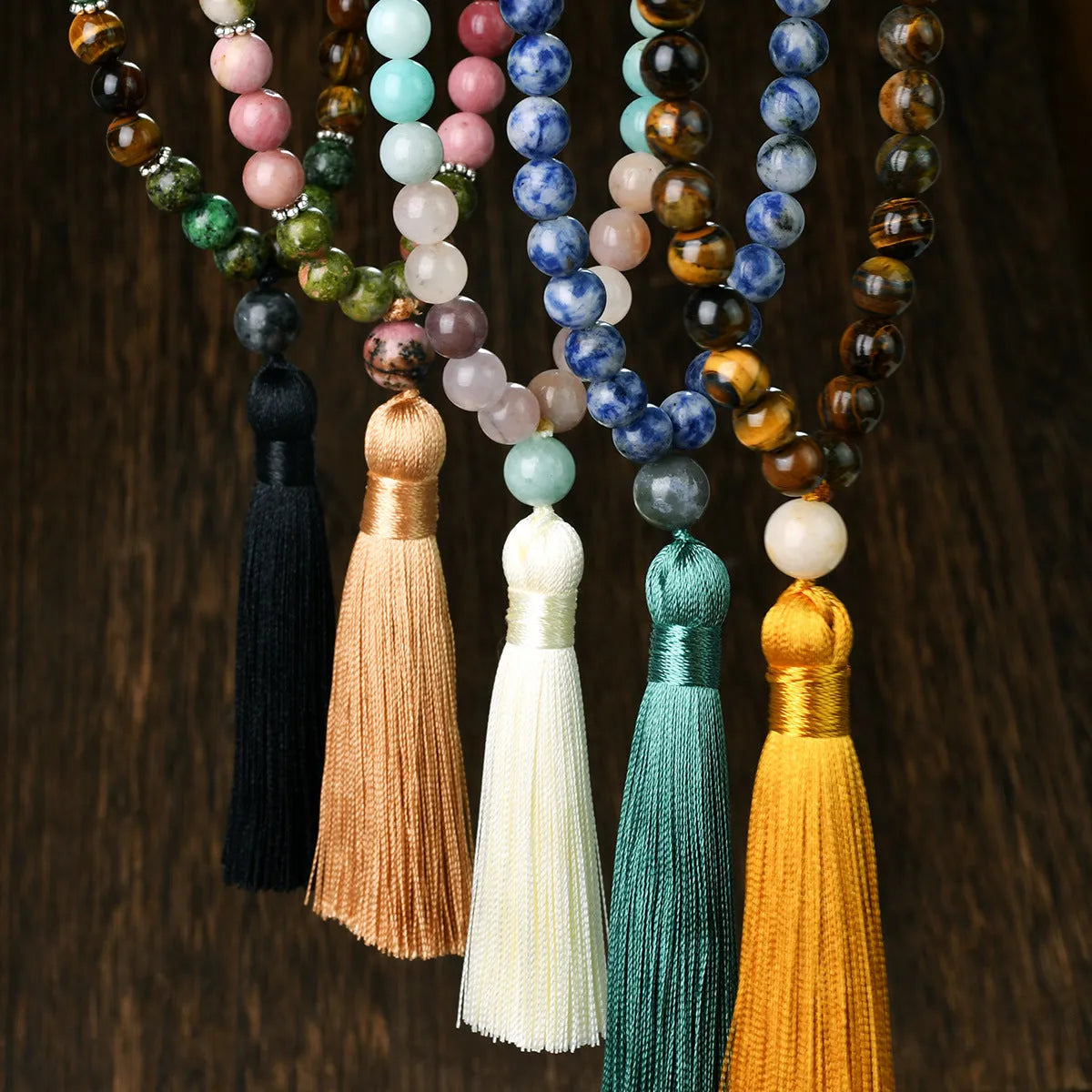 81cm long bohemian necklace with geometric gemstone pendant and 108 natural stone tassels.