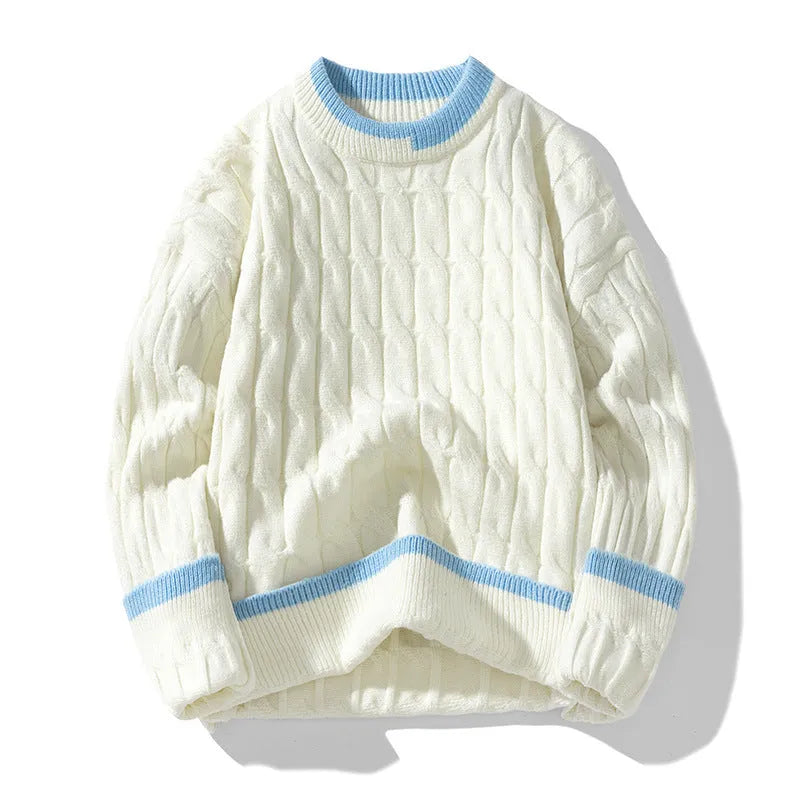 Men's loose fit modal acrylic two-piece jumper set in light blue, showing pullover and trousers.