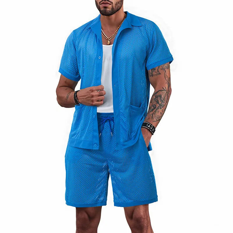 Lake blue see-through beach dress with matching cardigan and shorts set on a model.