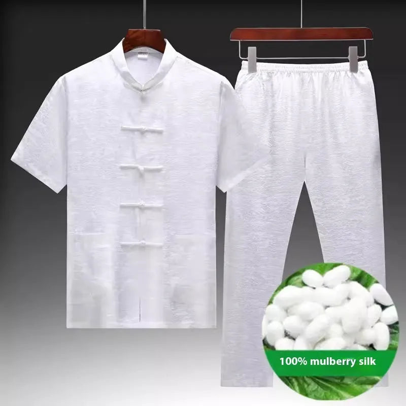 Men's Chinese Tang suit in mulberry silk showing traditional styling