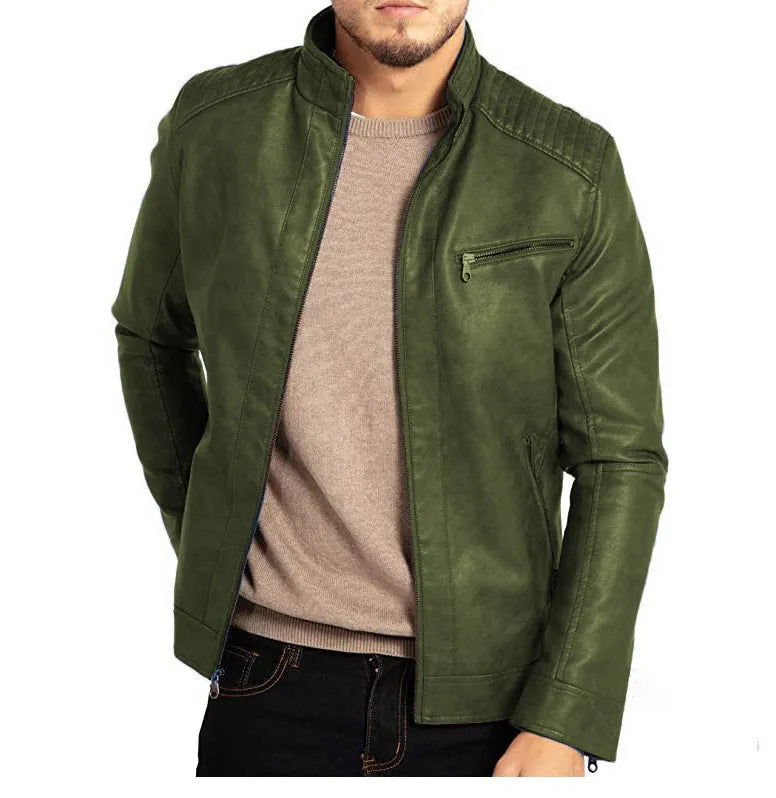 Men's brown artificial leather punk motorcycle jacket with stand collar and patch pockets.