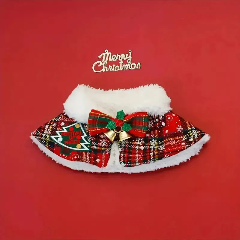 Festive pet scarf with holiday pattern in red and blue colours, shown draped as a winter accessory