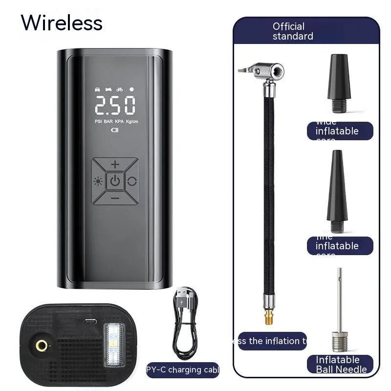 Portable wireless digital display tyre pump with inflatable tube and power cables