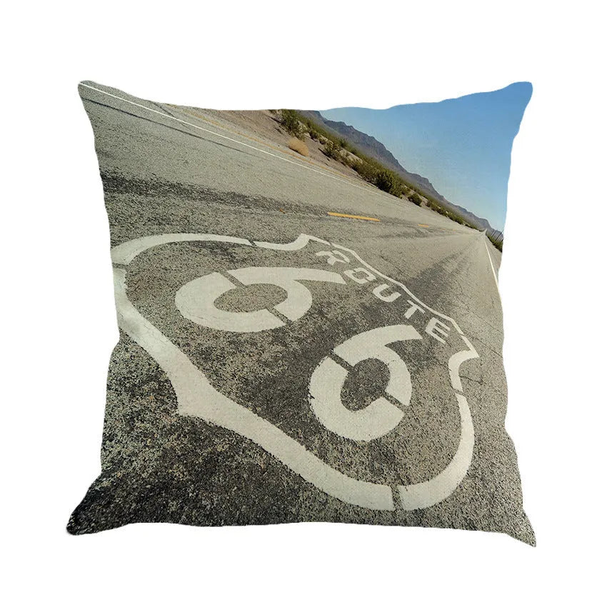 Linen blend cushion cover with Route 66 landscape design, shown in one of six available colours.