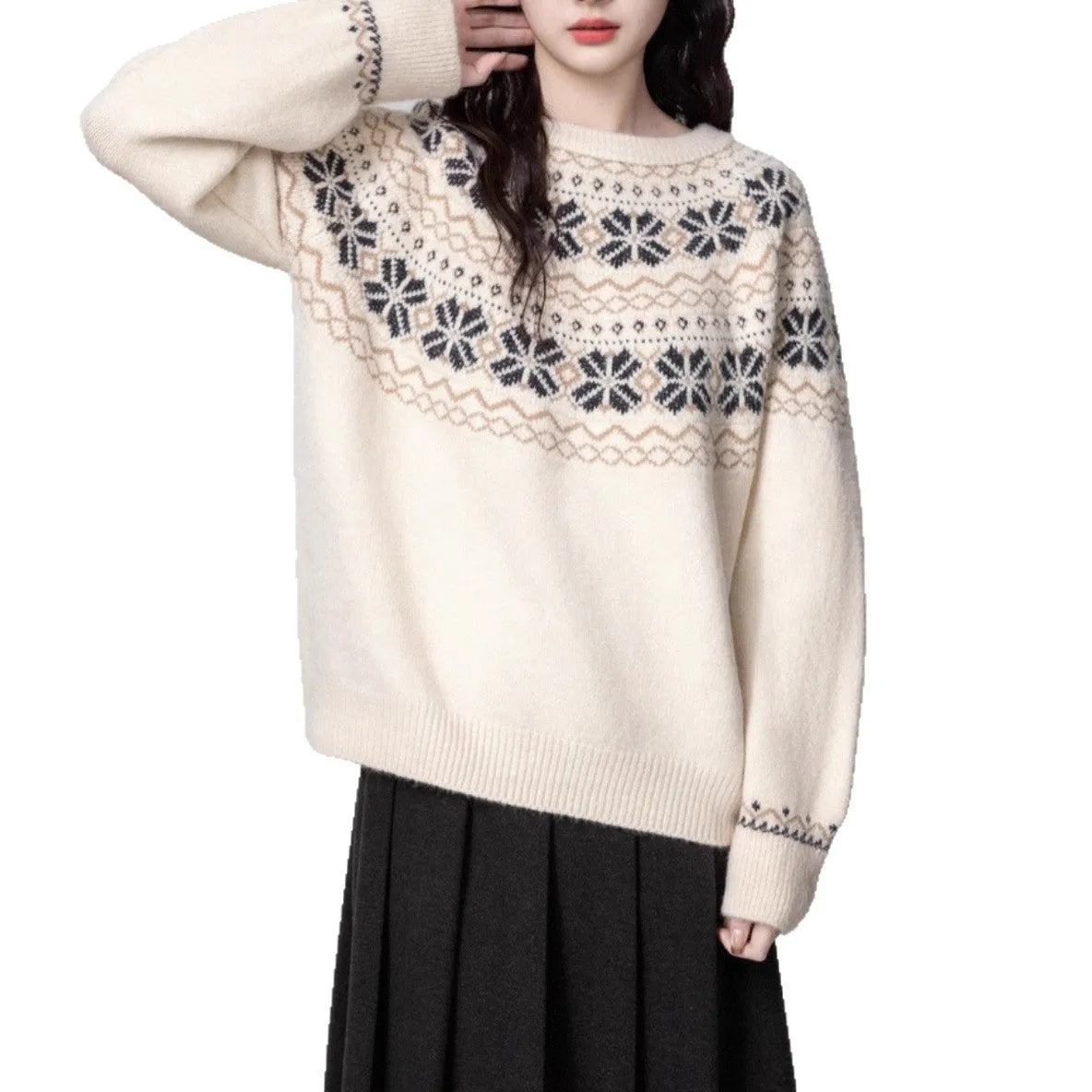Women's Milky White vintage Fair Isle geometric pattern pullover sweater with long sleeves and crew neck.
