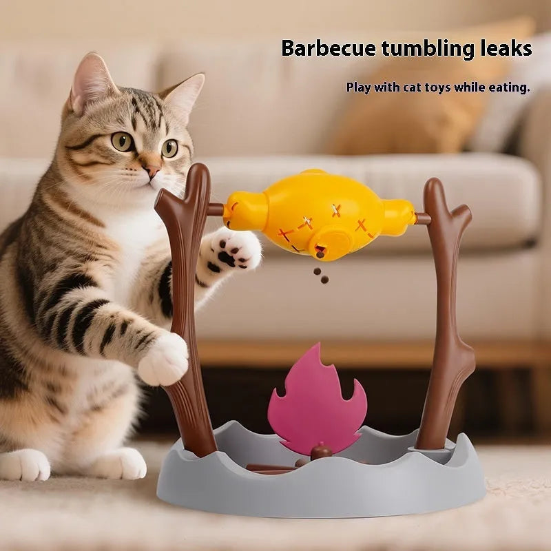 Barbecue-style tumbling cat food feeder with leakage treat dispenser measuring 30cm by 29cm