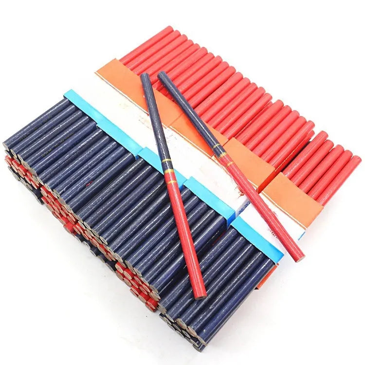 Ten red and blue wooden carpenter pencils with round barrels arranged together.