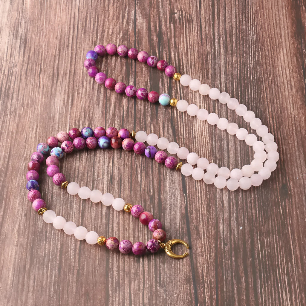 Personalised beads pendant necklace made from emperor stone with pink crystal colour.