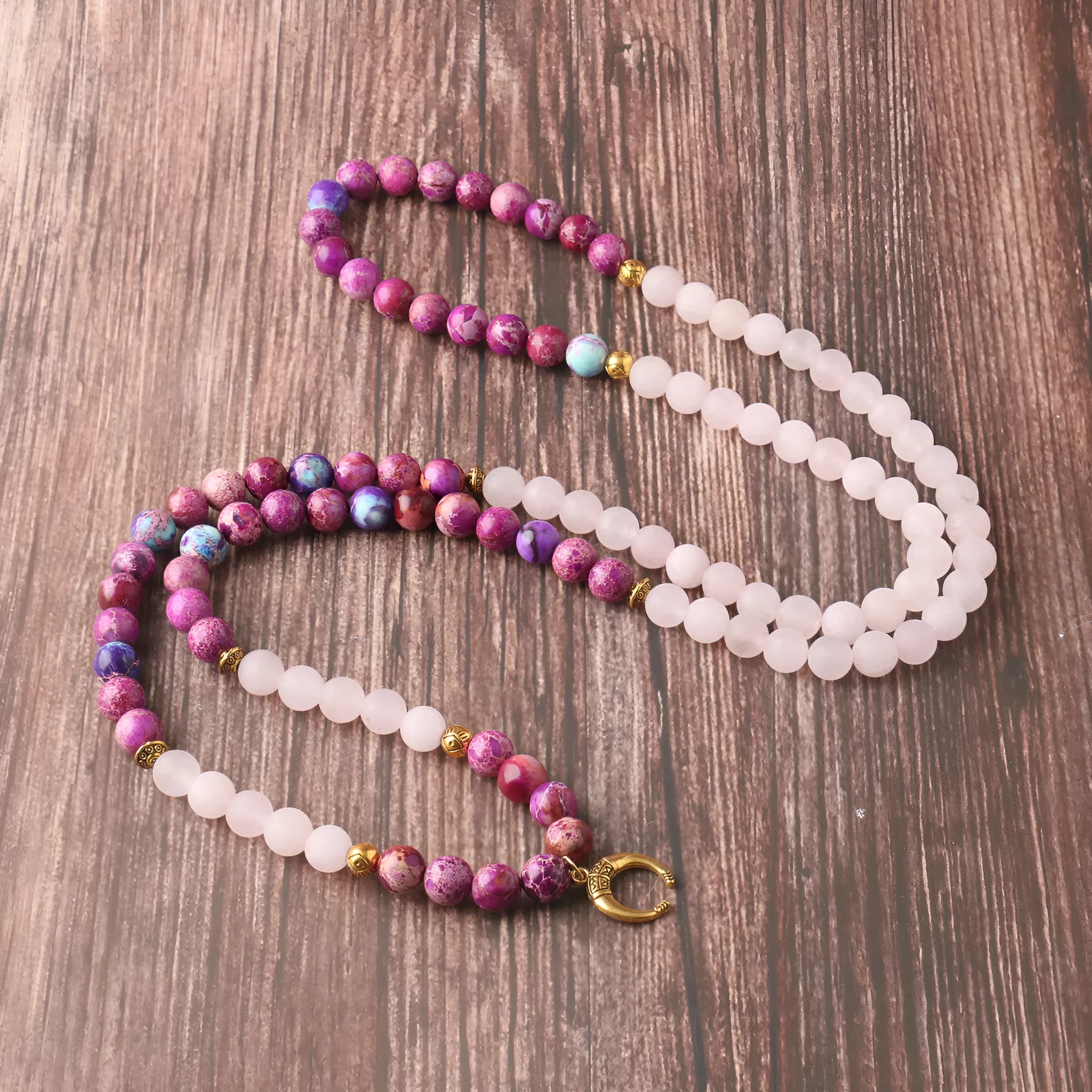 Personalised beads pendant necklace made from emperor stone with pink crystal colour.