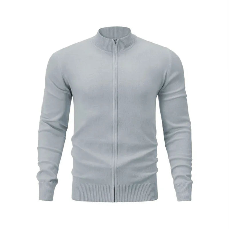 Men's cotton zip-up cardigan with stand collar in loose fit available in seven solid colours