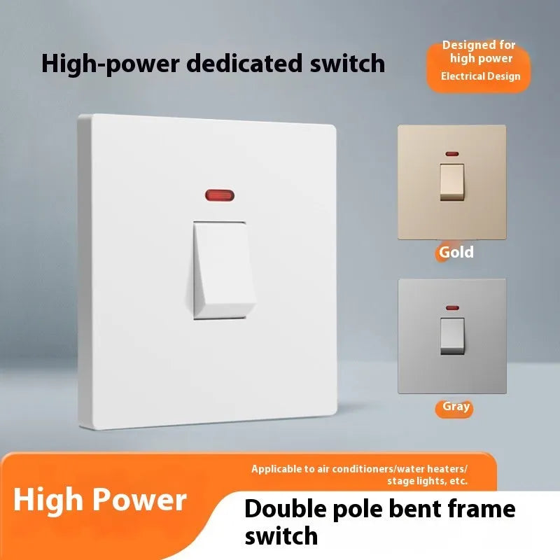 Curved rack high-power switch with light panel in gold, grey, or white for 25A/45A water heater and air conditioner circuits