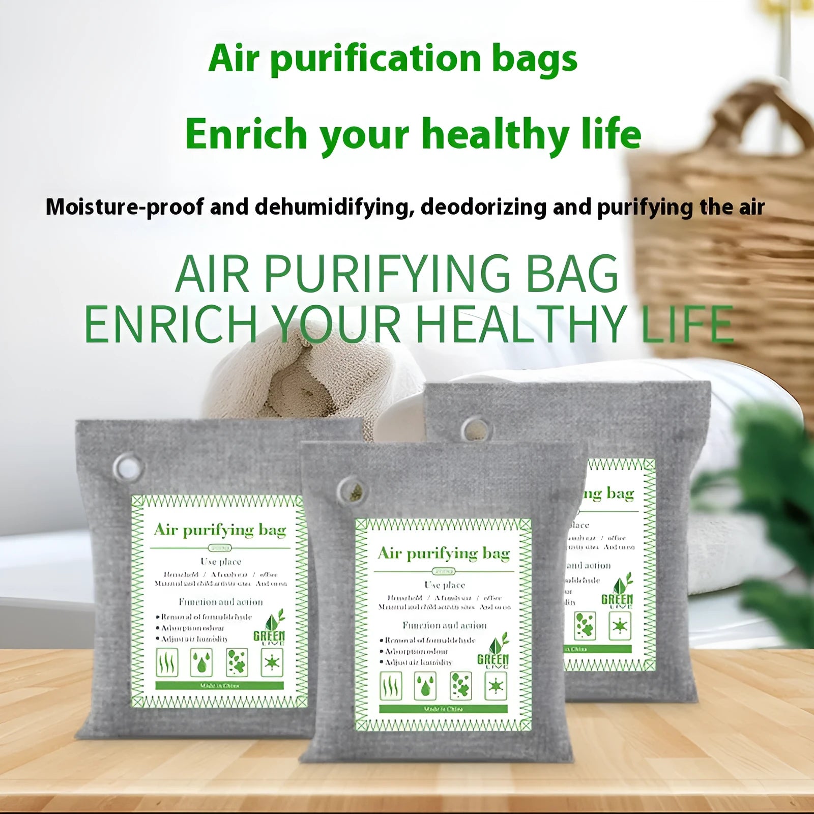 Bamboo charcoal air purifying bag in a sewing style fabric pouch for formaldehyde and odour removal.