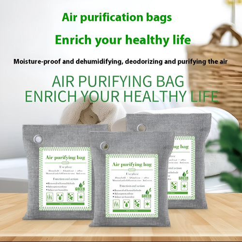 Bamboo charcoal air purifying bag in a sewing style fabric pouch for formaldehyde and odour removal.