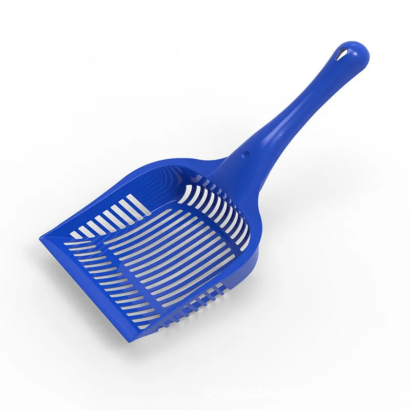 Plastic cat litter scoop in red, yellow and blue colours showing small and medium size options