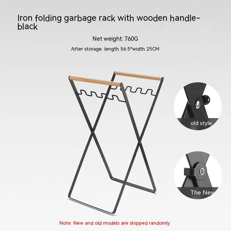 Black folding wrought iron rubbish storage hanger with wooden handle for outdoor use