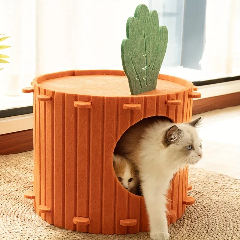 Carrot-shaped semi-enclosed felt cat tunnel bed on a floor