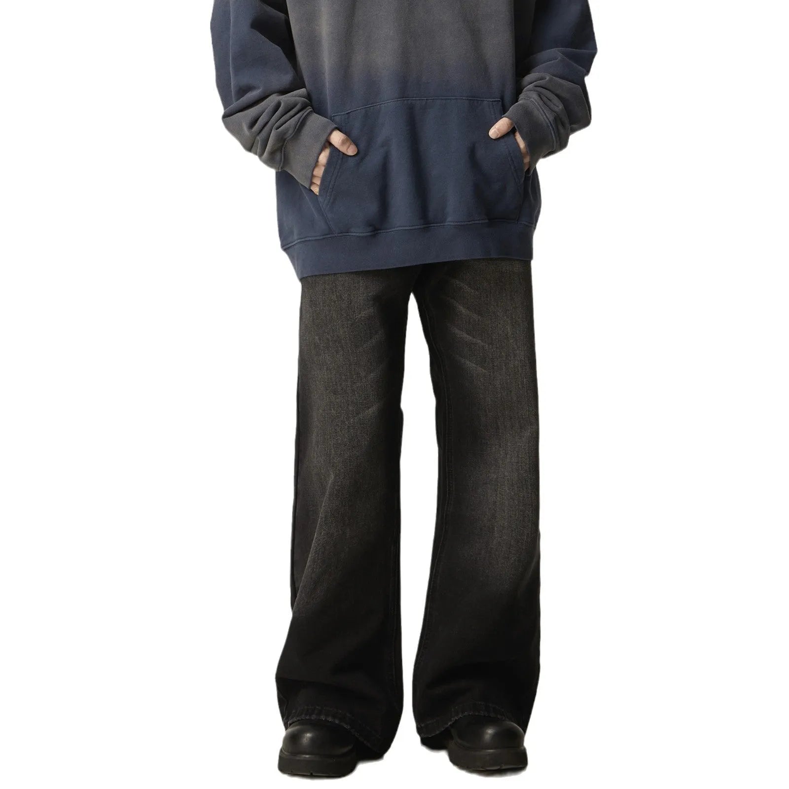 Black loose straight jeans with retro styling and zipper fly in polyester denim fabric