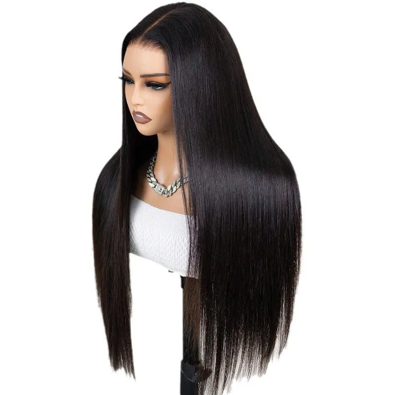 13x6 straight lace front human hair wig in black with natural styling