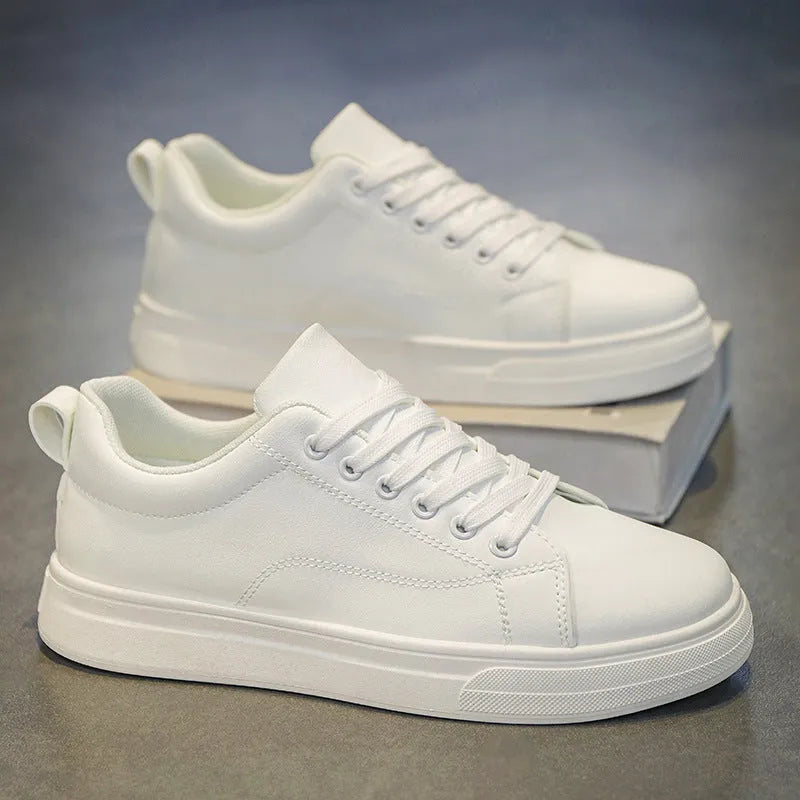 Men's white and black Korean-style low-top sneakers with round toe and rubber sole